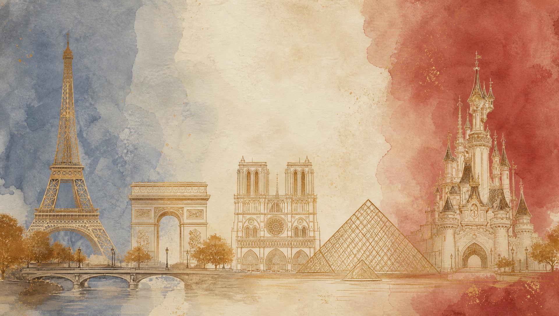 Paris 20 — a watercolor of Paris landmarks and the Sleeping Beauty Castle over the tricolor